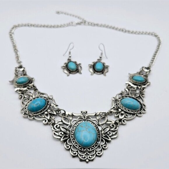 Boho Silver Filigree Faux Turquoise Statement Bib Necklace & Earring Set - Picture 2 of 10